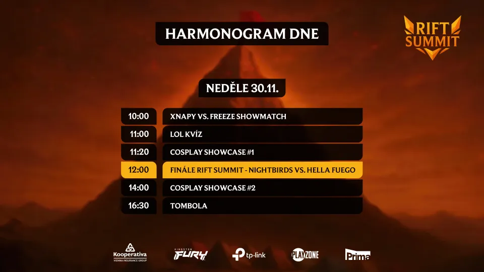 Harmonogram dne (Herní festival MČR - 30. listopadu)