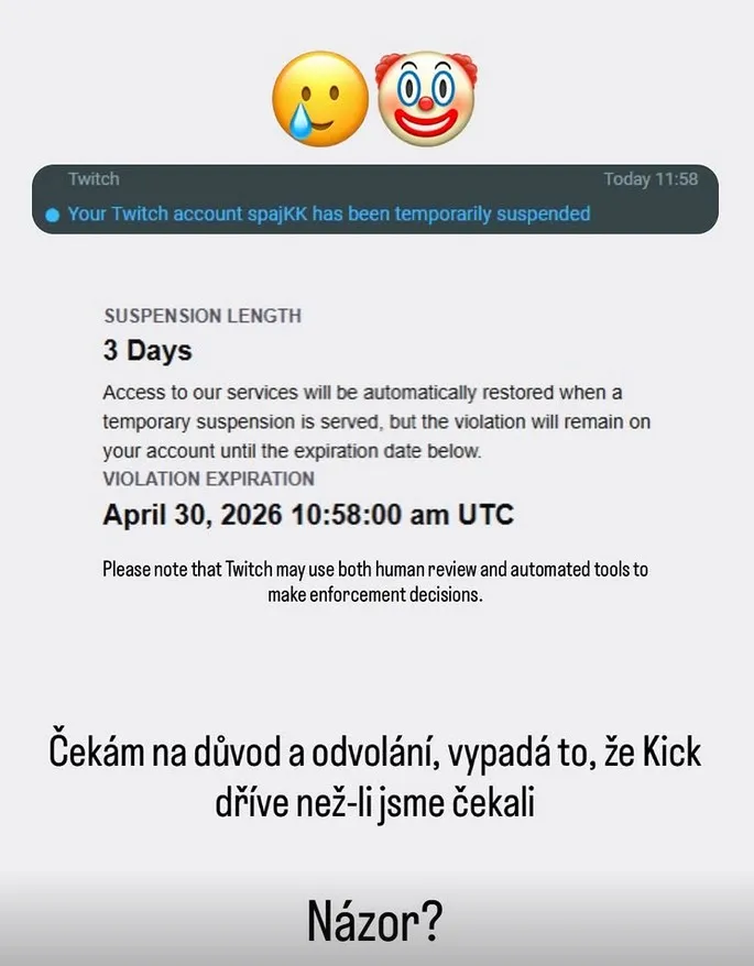 SpajKK a jeho IG story ohledně banu