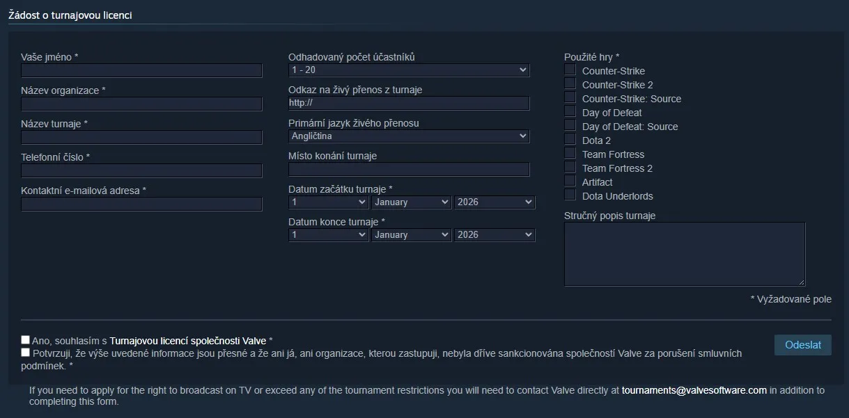 Žádost o turnajovou licenci